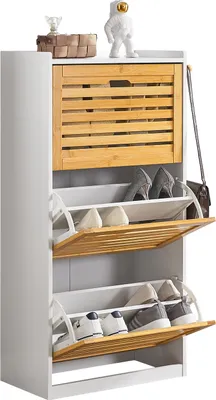 Produktbild von sobuy Schuhschrank, Natur, Kippfunktion, FSR108-WN, Bambus MDF(E1) PB(E1), 3 Kippfächer, 6 Ablageflächen, zerlegt, 55x112x30cm, 2 Haken, obere Ablage