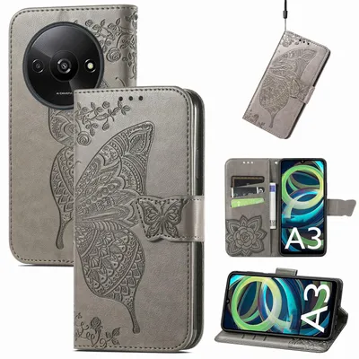 Produktbild von Für Xiaomi Redmi A3 Kunstleder Wallet Handy Tasche Schmetterling Design Hülle Etuis Grau
