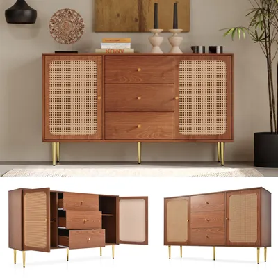 Produktbild von Kommode - 150x40x90 cm Nussbaum - Rattantüren & 3 Schubladen - verstellbarer Boden