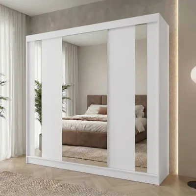 Produktbild von Beautysofa GAJA Kleiderschrank 240 cm mit Spiegel – Schwebetürenschrank 3-türig, Schlafzimmer Schrank, Weiß/Weiß ohne Schubkasteneinsätze