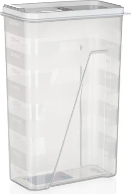 A clear, studio shot of a transparent plastic food storage container with white lid and markings on the side.