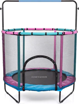Obrázok produktu pre Detská trampolína Meteor TRP-65P so sieťou Ø140 cm - vnútorná a vonkajšia - do 50 kg - so zipsom, ochranným polstrovaním, tyčou - ružová/svetlomodrá