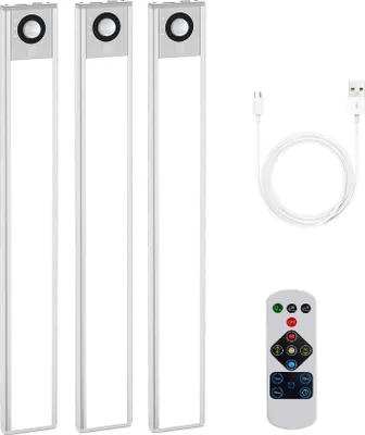 Obrázok produktu pre LED podsvietenie do kuchynskej linky, 3 kusy, 40 cm, bezdrôtové. Skrinkové osvetlenie s pohybovým senzorom a diaľkovým ovládaním. Magnetická svetelná lišta, skrinkové osvetlenie s funkciou USB nabíjania