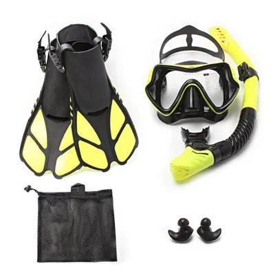 Produktbild von OKWISH 3-teiliges Set für Outdoor- und Wassersport: Tauchmaske, Schnorchel & Flossen (Größe 42-45) – Perfekt für Schnorcheln und Tauchen, leicht und komfortabel, Schwarz/Gelb