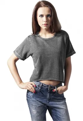 Produktbild von Urban Classics Damen Pullover Ladies Cropped Burnout Short Sleeve Crew Darkgrey-M