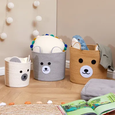 Produktbild von Kinderzimmer Aufbewahrungskorb TANKA 3er Set aus Polyester für Spielzeug und Wäsche – Körbe mit Tiermotiven und Griffen – Spielzeugaufbewahrung, Dekokörbe, Organizer
