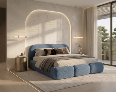 Produktbild von Polsterbett mit Bettkasten RIMINI / Abriamo 13 Blau / Schlaffläche 180 cm x 200 cm / Metallrahmen / Bett mit gepolstertem Kopfteil/ Bouclé