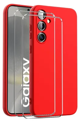 A red phone case and two screen protectors are displayed.
