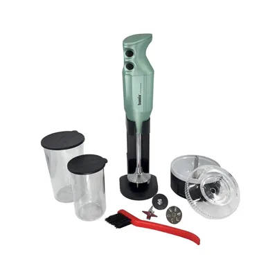A Bamix immersion blender and its accessories are displayed against a white background.