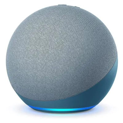 A blue and gray smart speaker is shown against a white background.