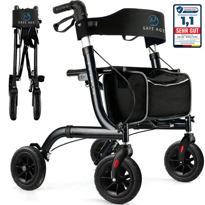 Produktbild von Safe Age® Rollator: Leicht und faltbar – mit Sitzfunktion – für drinnen und draußen – inklusive Rückenlehne und Gehstockhalter"