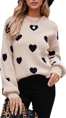 Image de ASKSA Pulls Femme Col rond Cœur Graphique Pulls tricotés manches longues hiver Pulls tricotés casual imprimé cœur (Abricot,M)