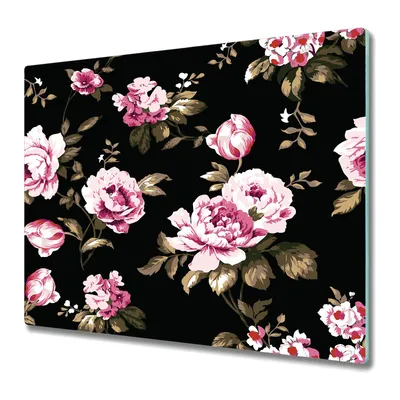Produktbild von Küche Schneidebrett - Schneidebrett Glas - Herdabdeckung - 60x52 - Dunkle Blumen Rosa