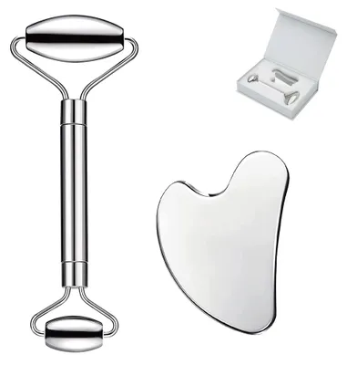 Obrázek produktu pro Sada Gua Sha a masážní váleček na obličej z nerezové oceli pro masáž obličeje, očí a krku, praktické přístroje pro péči o pleť a masáž obličeje