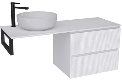 Image de Armoire de salle de bain Carole - blanche, finition mate, avec rainures + plateau sous vasque Navira Slim - 18 mm + console noire - 160x46x49,8 cm