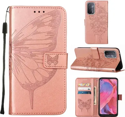 Produktbild von OPPO A54 5G Hülle, Schmetterling Prägung Flip Leder Kartenfächer Schutzhülle Ledertasche mit Ständer für OPPO A54 5G / A74 5G / A93 5G Roségold
