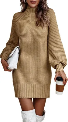Produktbild von ASKSA Damen Strickkleid Rollkragen Pullikleid Elegant Pulloverkleid Freizeit Midikleid Tops, Khaki, L
