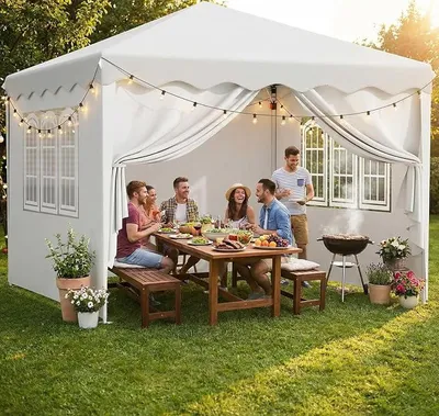 Imagen del producto de Pabellón 3x3, pabellón plegable estable y resistente al invierno, con protección Oxford y protección UV 50+, pabellón plegable con laterales, 4 sacos de arena, pabellón de jardín con altura ajustable, tienda plegable para camping (blanco)