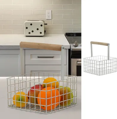 Produktbild von Metallkorb quadratisch Henkel Kiefernholz 21x18cm Obstkorb Utensilienkorb weiß Henkelkorb Gitterkorb
