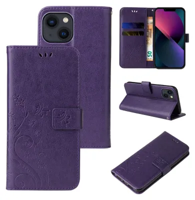 Produktbild von Handyhülle für Apple iPhone 13 Floral Blumen Schmetterling Flip Cover Hülle Case Klapphülle Handytasche Farbe: Violett