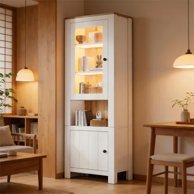 Produktbild von Vitrine 70 x 40 x 188 cm mit Glastür, 6 Ablagefächern, verstellbaren Einlegeböden, halboffenem Fach, App-LED, Weiß mit Naturholzoptik