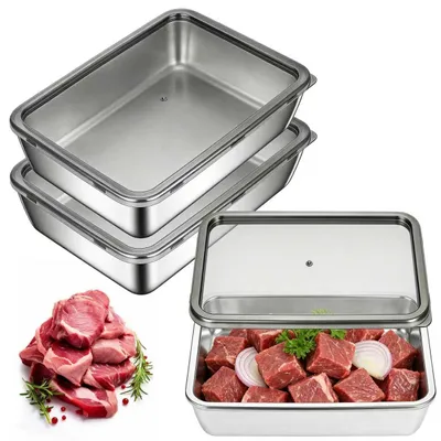 Zdjęcie produktu dla Omgoods - Zestaw 3 pojemników ze stali nierdzewnej do przechowywania mięsa, z pokrywkami, do lodówki i piekarnika