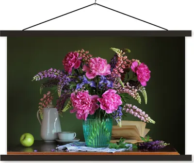 Produktbild von MuchoWow® Textilposter Tisch - Blumen - Stilleben 60x40 cm mit schwarzem Rahmen - Hölzernes