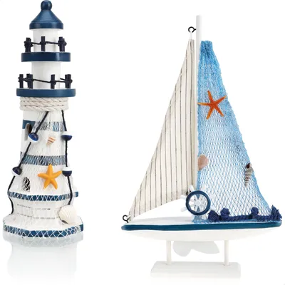 Produktbild von com-four® 2-teiliges maritimes Deko-Set - Dekoratives Holz-Segelschiff 27 cm und Leuchtturm 23 cm für ein maritimes Ambiente in Ihrem Zuhause