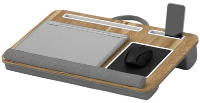 Produktbild von Laptoptisch für den Schoß mit Kissen & Handgelenkstütze – Notebook Unterlage bis 15,6 Zoll mit Mauspad, Tablet-Halterung & Tragegriff, 55,5 x 37 cm