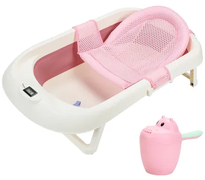 Productafbeelding van Ikodm opvouwbare babybadkuip, 83 x 46 cm, met temperatuurindicator, lignet en shampoo-beker, geschikt voor baby's van 0-12 maanden, roze