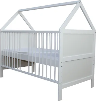 Produktbild von Babybett Kinderbett Juniorbett Bett Haus 140x70 cm umbaubar mit Matratze weiss
