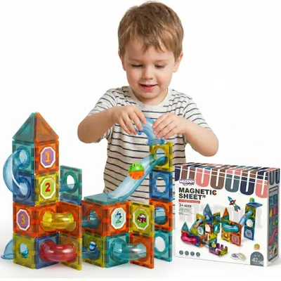 Produktbild von Woopie Magnetische Konstruktionsblöcke, 3D-Lernset, Kugelbahn, 42-tlg.