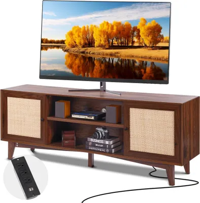 Obrázok produktu pre Ratanový TV stolík 191 cm - Boho TV stolíky - TV stolík z orechového dreva - Držiak na TV