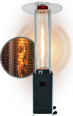 A tall, black patio heater with a glass cylinder containing a flame, and a close-up inset of the flame.