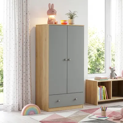 Obrázek produktu pro Dětská šatní skříň "Beldinupp" se 2 dvířky, 1 tyčí na ramínka a 1 zásuvkou, rozměry 123 x 60 x 40 cm, Imitace dub/šedá