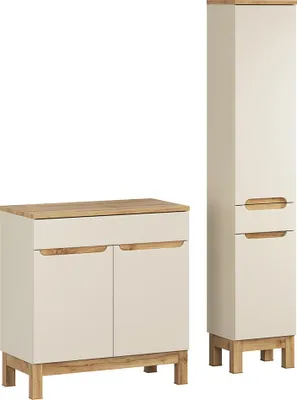 Produktbild von Badmöbel-Set 2-teilig mit 80 cm Waschtischschrank in kaschmir und Eiche, modern grifflos - SOLNA-56-CASHMERE