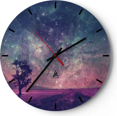 Produktbild von Wanduhr - Rund - Glasuhr - Kosmos Baum Wiese - 30x30cm - Schleichendes Uhrwerk - Lautlos - zum Aufhängen bereit - Dekoration Modern - Wanddekoration aus Glas - C3AR30x30-4225