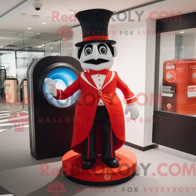 Produktbild von Maskottchenfigur REDBROKOLY eines roten Zirkusdirektors mit Faltenrock und Aktentasche