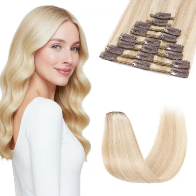 Obrázek produktu pro Clip-in prodlužovací vlasy, přírodní vlasy, délka 40 cm, barva: popelavě blond/blond, 8 kusů, hmotnost 65 g