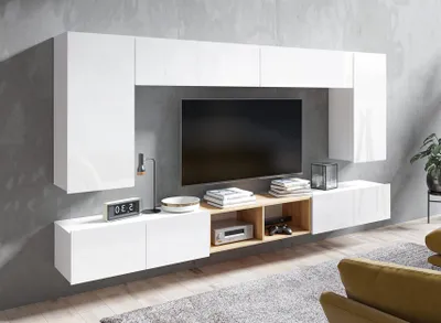 Produktbild von AX LIVING Wohnzimmer Wohnwände Kossana 23 – 300cm Weiß/Goldene Eiche