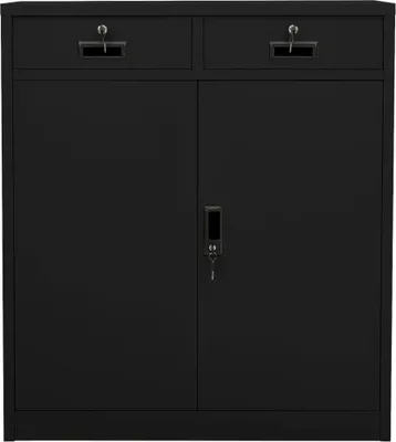 A black metal office cabinet with two drawers on top and two doors below.