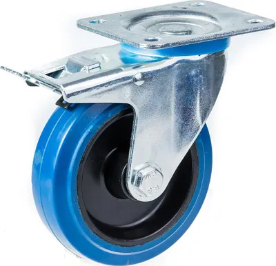 Produktbild von 100-mm-Lenk-/Bremsrolle mit blauem Elastikgummi auf Nylon-Mittelrad