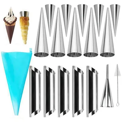 Produktbild von 18-teilig Croissant Backformen Set aus Edelstahl, Hörnchen & Cannoli Formen, Gebäckrollen mit Reinigungsbürste, Backzubehör
