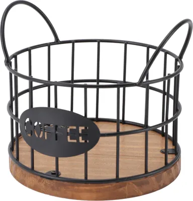 Image de Panier de rangement rond en fil de fer de grande capacité avec socle en bois pour capsules de café, adapté à la maison et au bureau