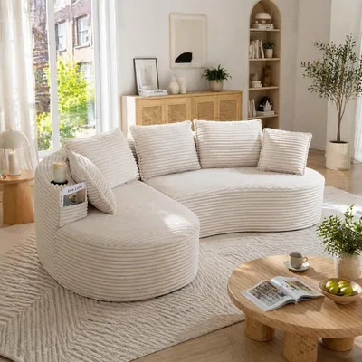 Zdjęcie produktu dla Sofa w kształcie litery "L" obite tkaniną, wymiary 250x152x82 cm, nowoczesna, zakrzywiona sofa z podłokietnikami wyposażonymi w uchwyty na napoje, kieszeniami bocznymi i poduszkami, idealna do salonu