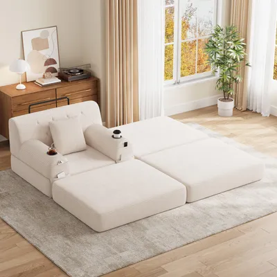 Immagine prodotto di Divano letto MODFU rivestito in tessuto corduroy, divano lounge trasformabile in letto per ospiti, con schienale alto, 4 tasche e 2 portabicchieri, color beige