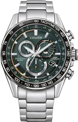 A close-up studio shot of a men's Citizen Eco-Drive radio-controlled chronograph watch with a green dial and silver metal bracelet.