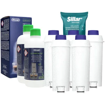 Obrázek produktu pro Sada pro údržbu plně automatických kávovarů DeLonghi – 2× odstraňovač vodního kamene EcoDecalk + 5× vodní filtr SILLAR DLSC002 / SER3017