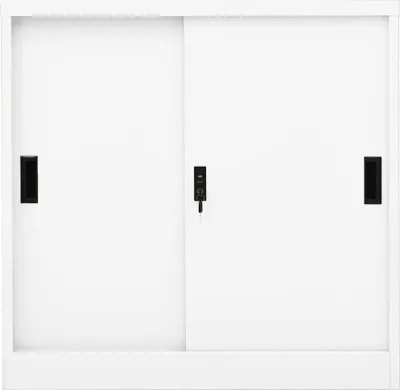 A white metal filing cabinet with sliding doors.