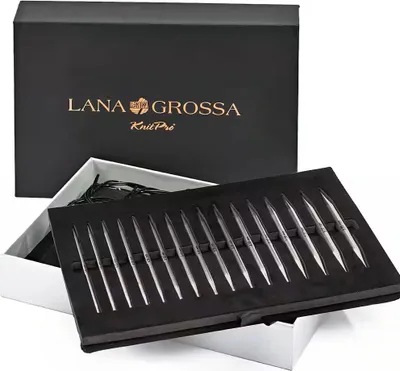 A set of knitting needles in a presentation box.